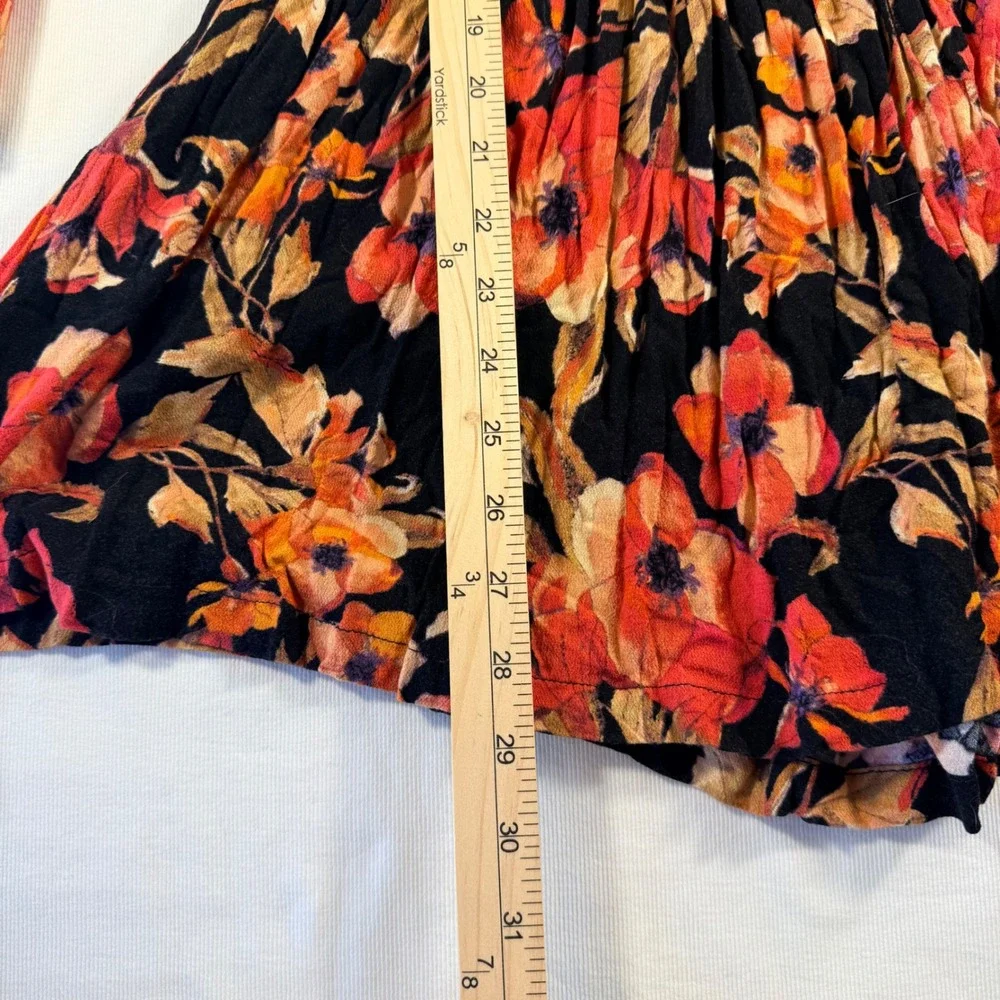 Free People Floral Mini Dress‎ 4 Black Orange Cutout Keyhole Bell Sleeve Boho